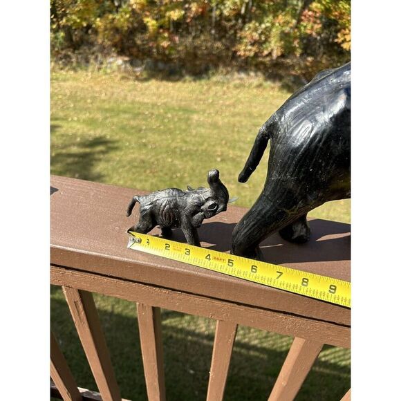 Vintage Leather Wrapped Elephant Statue W Tusks, Trunk Up Black 13”L x 13”H - Picture 10 of 13